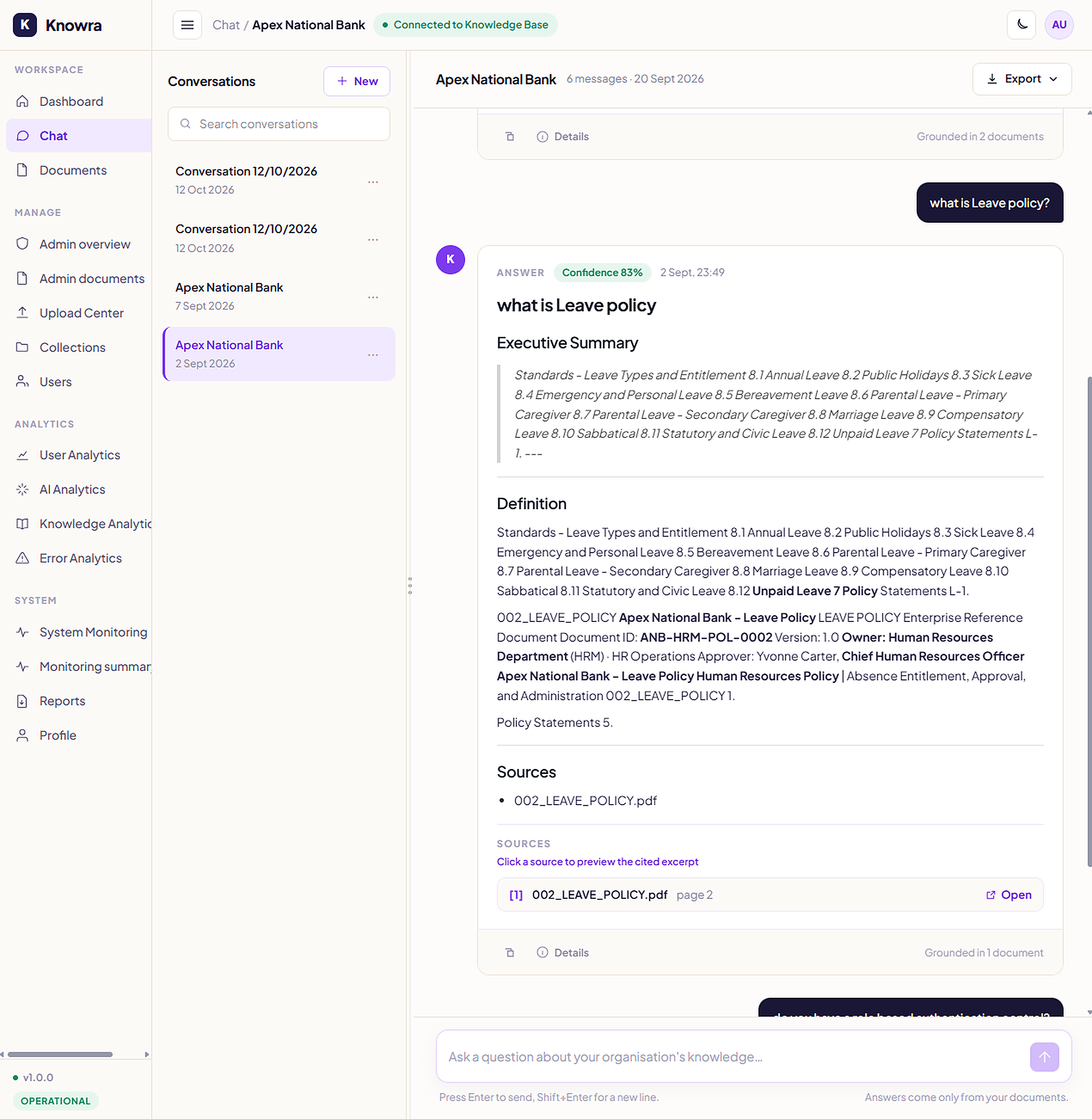 Knowra Chat Interface with Source Citations