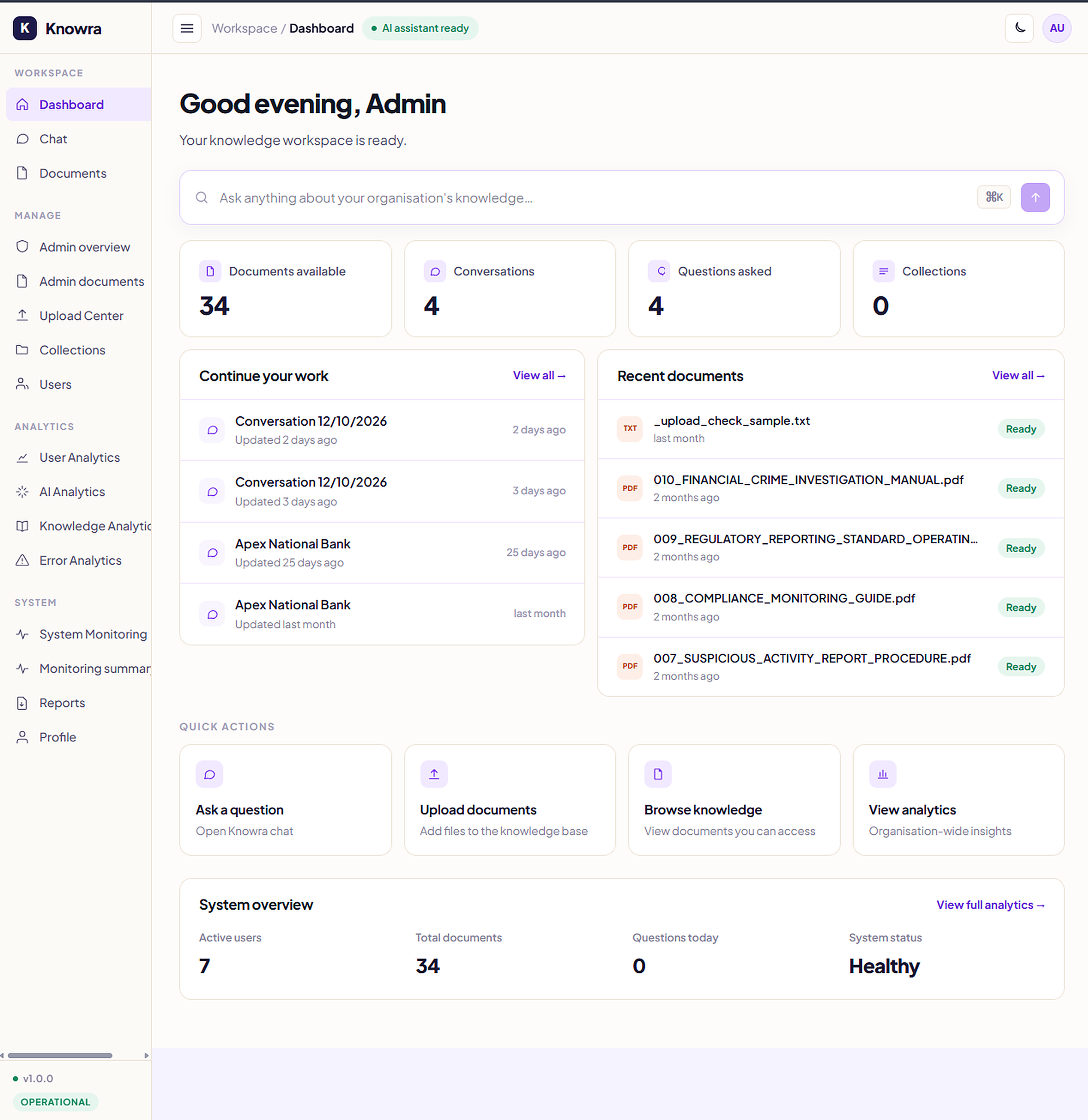 Knowra Knowledge Base Dashboard and Telemetry